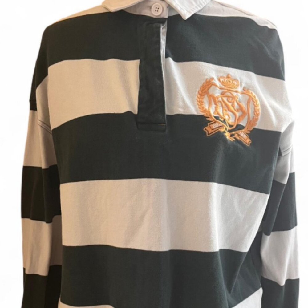 Superdry Green & White Striped Long Sleeve Cropped Polo Size 6